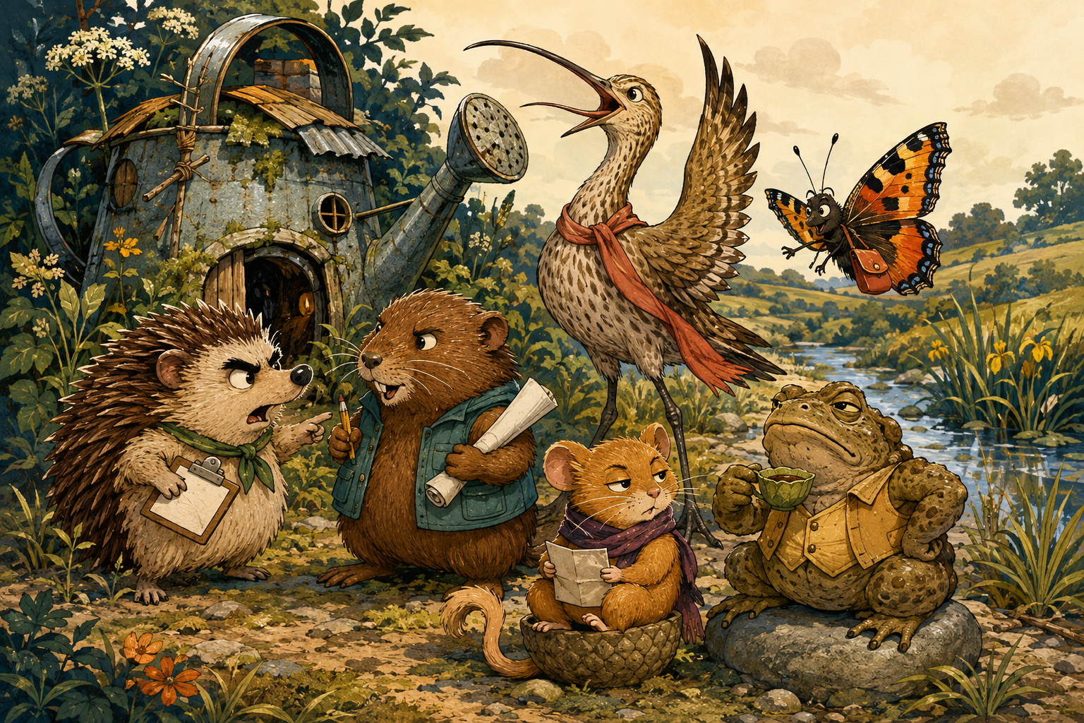 The six Extinctables argue outside their watering-can clubhouse beside a stream