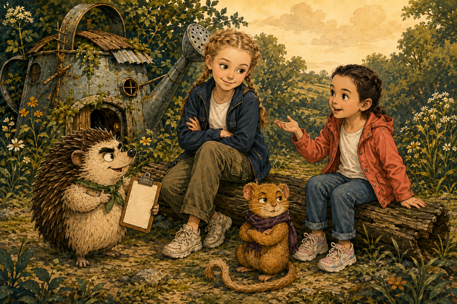 Illustrated Hope and her younger sister Faith visiting Bramble and Moss at the Patch